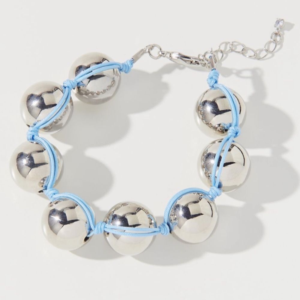 Urban Outfitters Dextra Silver Tone Ball Corded Light Blue Bracelet Adjustable